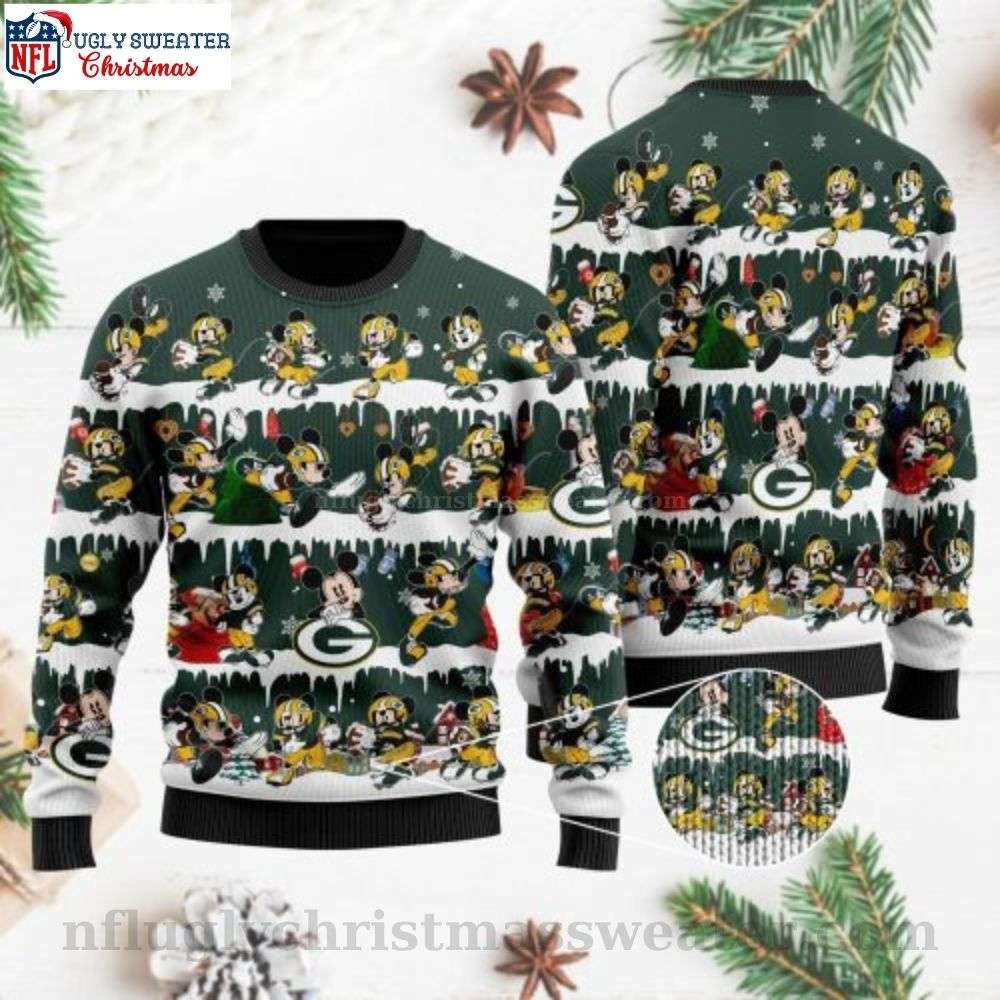 Add Playful Vibes To Your Holidays - Football Player Mickey - Packers Ugly Sweater