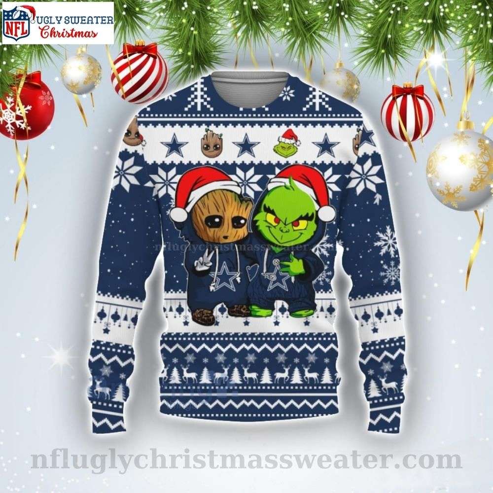 Baby Groot And Grinch Best Friends - Dallas Cowboys Ugly Christmas Sweater