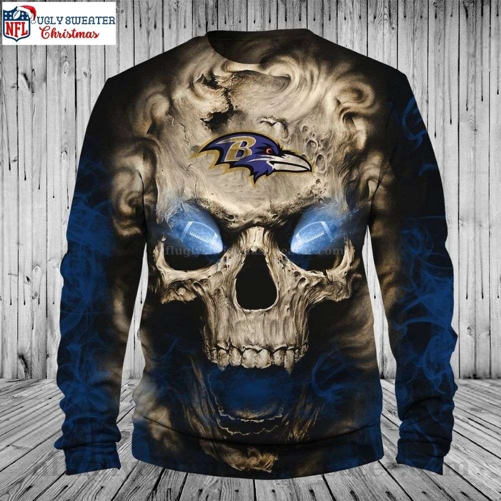 Baltimore Ravens Christmas Sweater - Edgy Skull Graphic Design