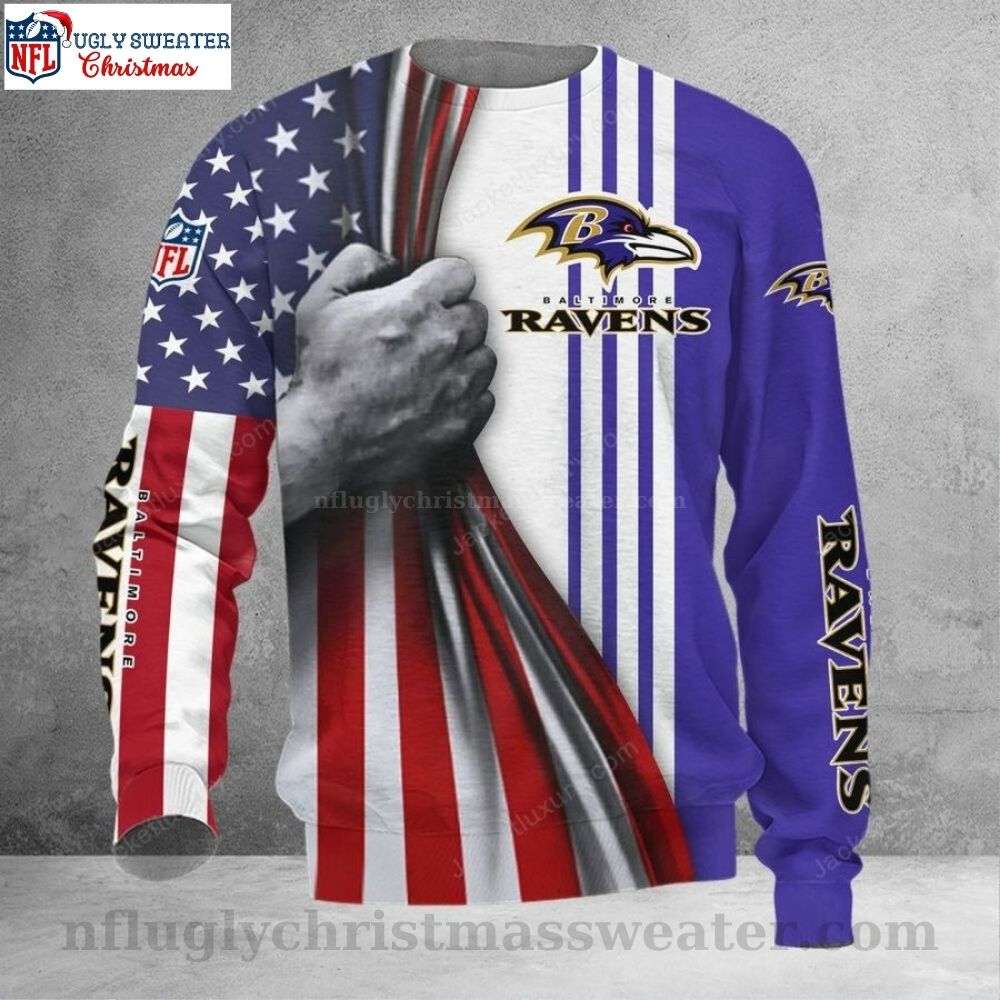 Baltimore Ravens Christmas Sweater With Flag Pattern And Pride