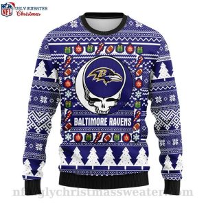 Baltimore Ravens Christmas Sweater With Grateful Dead Artwork
