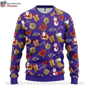 Baltimore Ravens Christmas Sweater With Santa Claus And Snowman Pattern 1