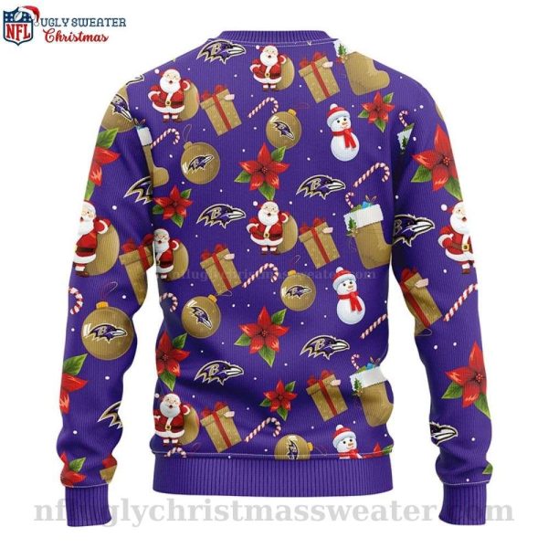 Baltimore Ravens Christmas Sweater With Santa Claus And Snowman Pattern