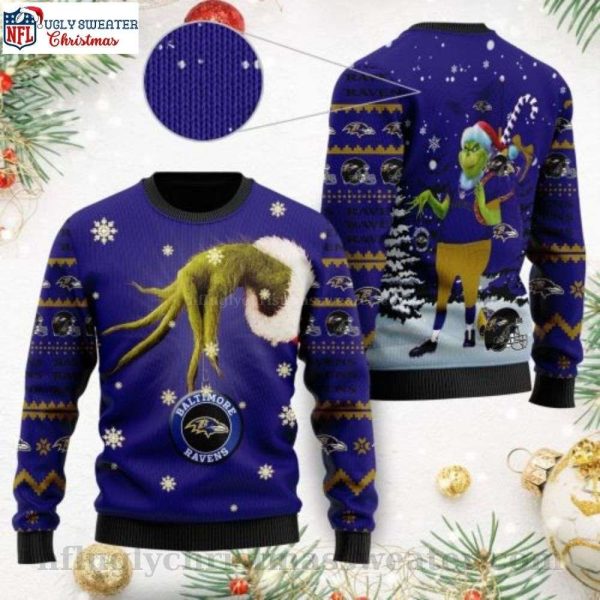 Baltimore Ravens Grinch Candy Canes Christmas Ugly Sweater Design