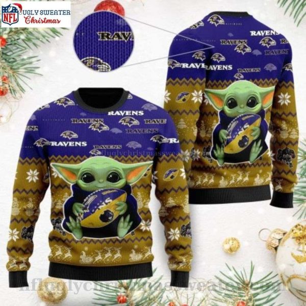 Baltimore Ravens Ugly Sweater With Playful Baby Yoda Graphics