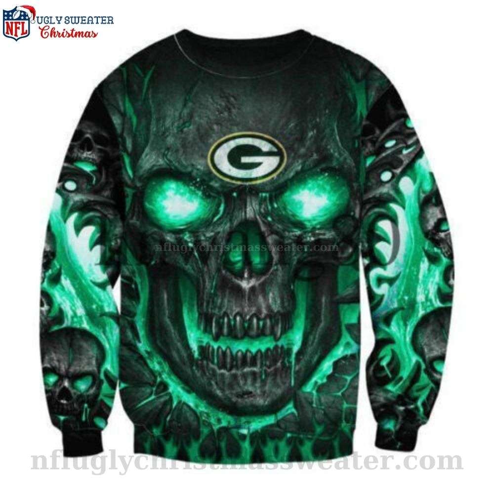 Bold Green Skull Graphic On Green Bay Packers Ugly Christmas Sweater