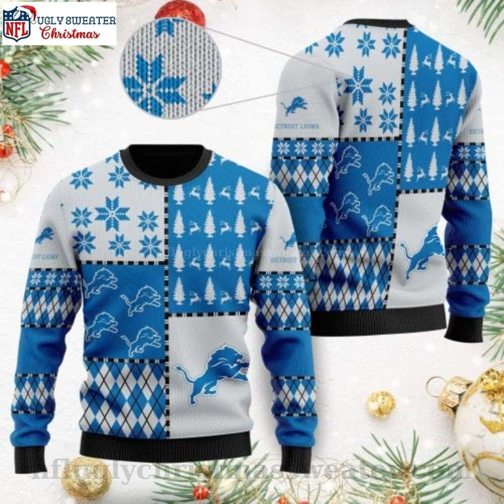 Celebrate The Season With Lions Ugly Sweater - Reindeer And Tree Symbol
