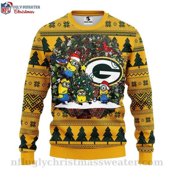 Cheerful Green Bay Packers Ugly Christmas Sweater With Cute Minion Print