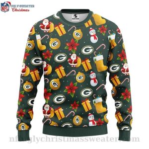 Cheerful Holiday Vibes Snowman Candy Canes Green Bay Packers Ugly Sweater 1
