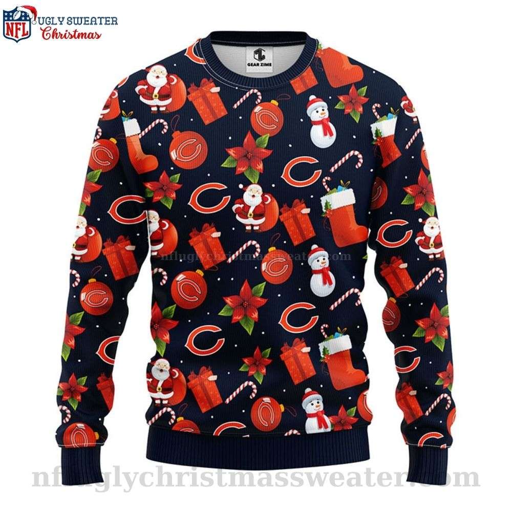 Chicago Bears Ugly Christmas Sweater - Logo Print With Santa Claus And Snowman