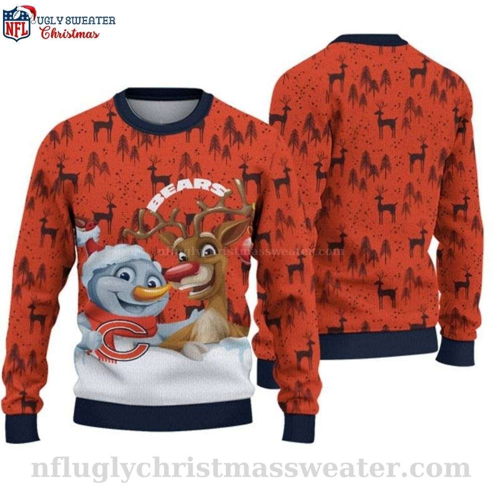 Chicago Bears Ugly Christmas Sweater - Logo Print With Snowman And Reindeer