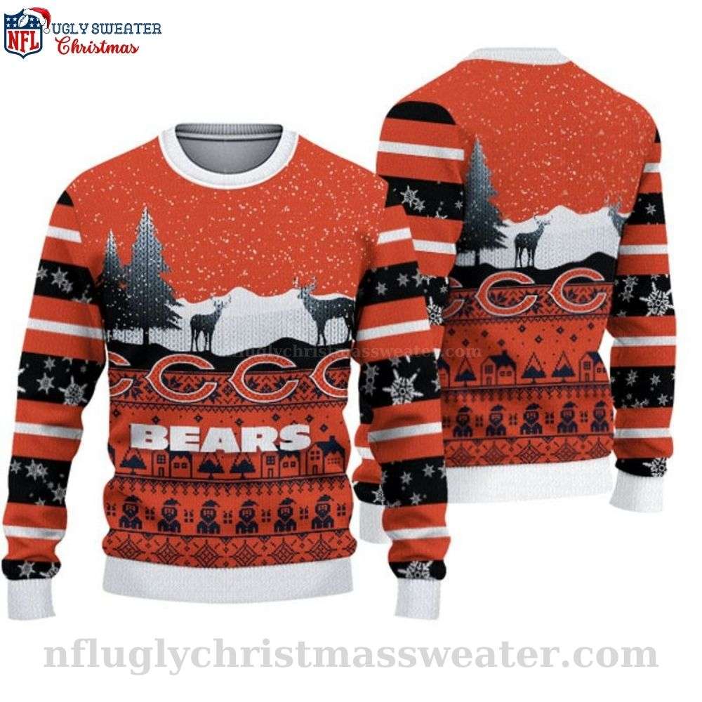 Chicago Bears Ugly Christmas Sweater - Reindeer Pattern With Festive Snow