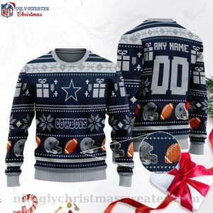 Custom Name And Number Dallas Cowboys Ugly Christmas Sweater – Snowflake Design And Gift Box