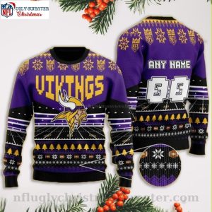 Custom Name And Number Vikings Christmas Sweater – Football Stadium Motifs