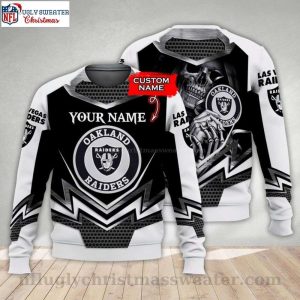 Custom Name NFL Logo Print Raiders Ugly Christmas Sweater – Armor Gray Edition
