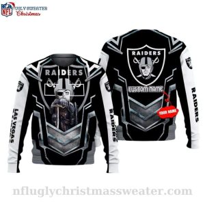 Custom Name NFL Raiders Ugly Christmas Sweater Logo Print & Sword Design