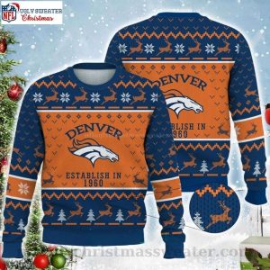 Denver Broncos Established In 1960 Ugly Sweater – Snowflake Reindeer Pattern