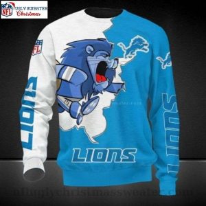 Detroit Lions Christmas Sweater – Blue White Logo And Mascot Design