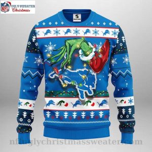 Detroit Lions Christmas Sweater – Grinch Graphic And Christmas Light