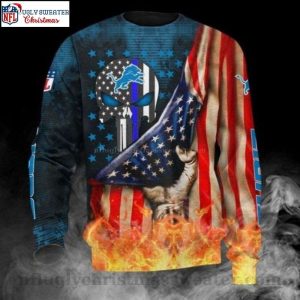 Detroit Lions Logo Print American Flag Skull Burning Ugly Christmas Sweater