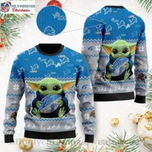 Detroit Lions Ugly Christmas Sweater – Baby Yoda Hug Football Logo Graphics