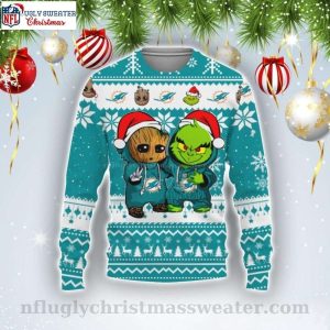 Dolphins Christmas Sweater Baby Groot and Grinch Best Friends Edition