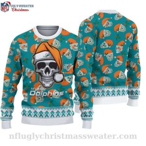 Dolphins Christmas Sweater Featuring Skull In Santa Hat Design