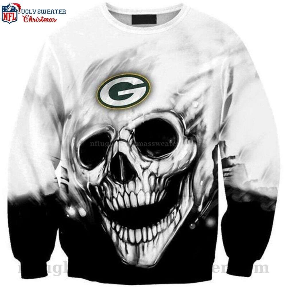 Elevate Your Fandom - White Skull Graphic On Packers Ugly Christmas Sweater