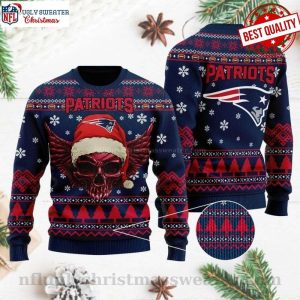 Festive New England Patriots Christmas Sweater With Golden Skull Print