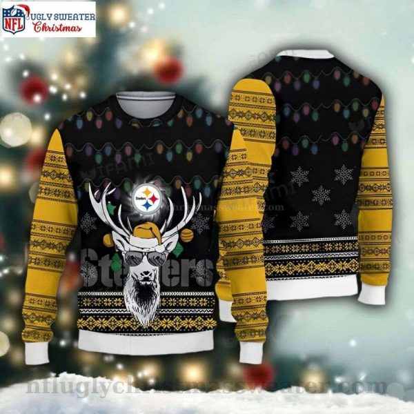 Festive Reindeer Glasses And Logo Print – Pittsburgh Steelers Ugly Sweater