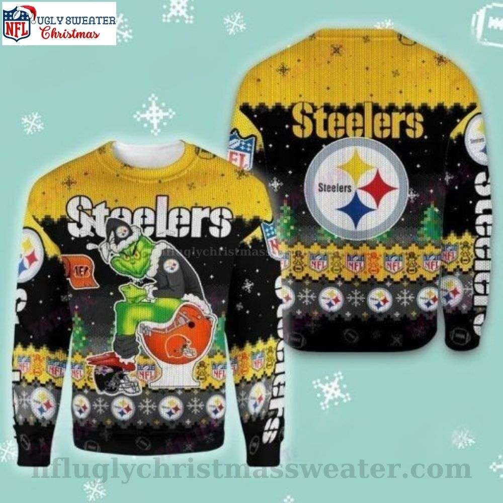 Festive Steelers Fans Ugly Christmas Sweater - Grinch In Helmets Toilet Design