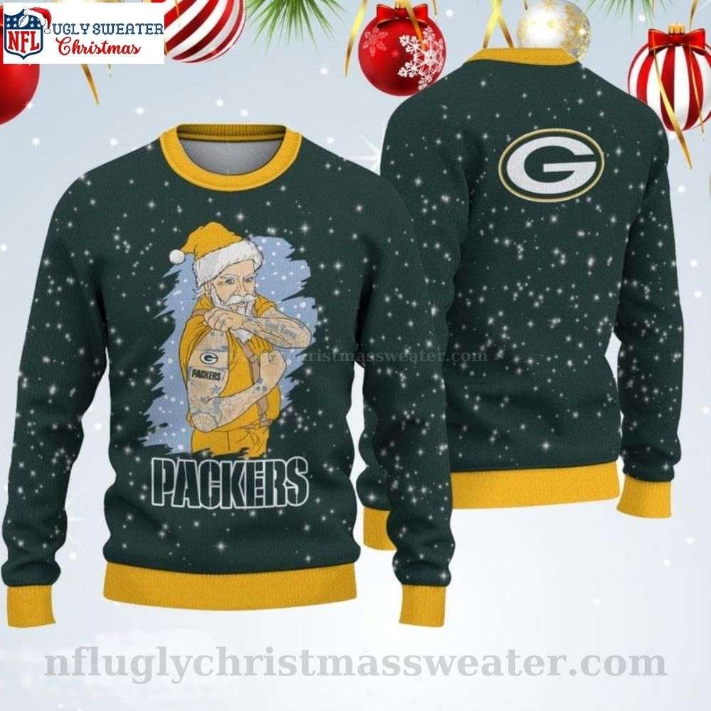 Funny Christmas Santa Claus Tattoo Green Bay Packers Ugly Sweater