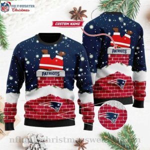 Funny Santa Entering The Chimney – Patriots Logo Print Ugly Sweater