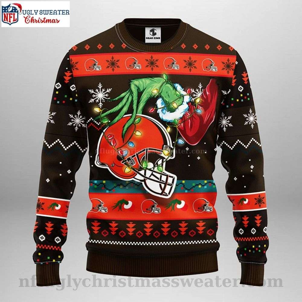 Cleveland Browns Ugly Sweater- Grinch Graphics, Logo And Christmas Light