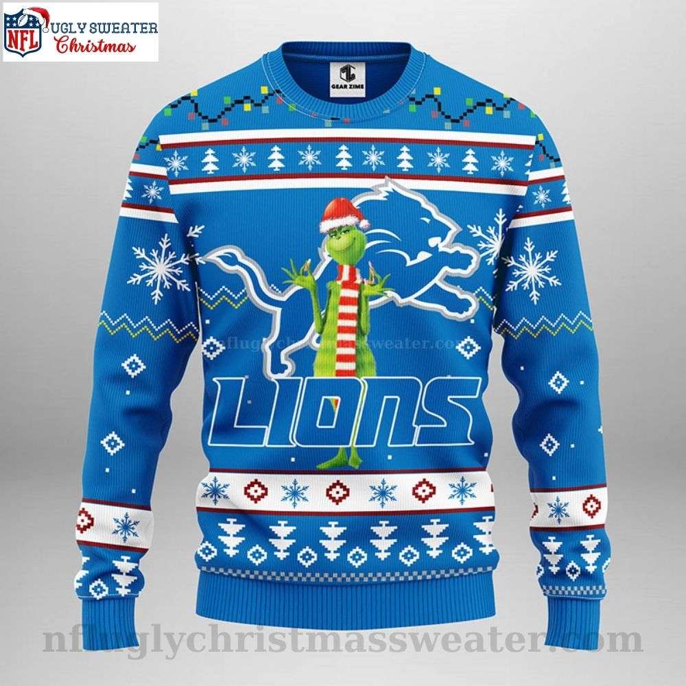 Detroit Lions Ugly Sweater - Festive Grinch Graphic With Candy Canes