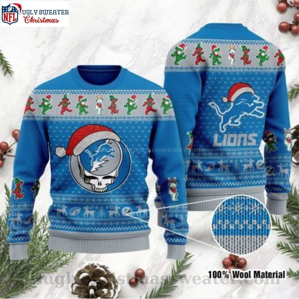 Detroit Lions Ugly Sweater - Grateful Dead Skull And Bears Graphics