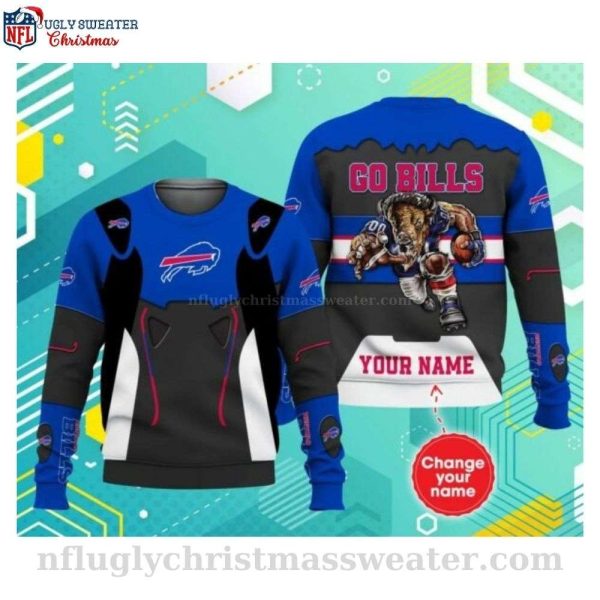 Go Bills Embrace The Mascot Rush – Personalized Buffalo Bills Ugly Christmas Sweater