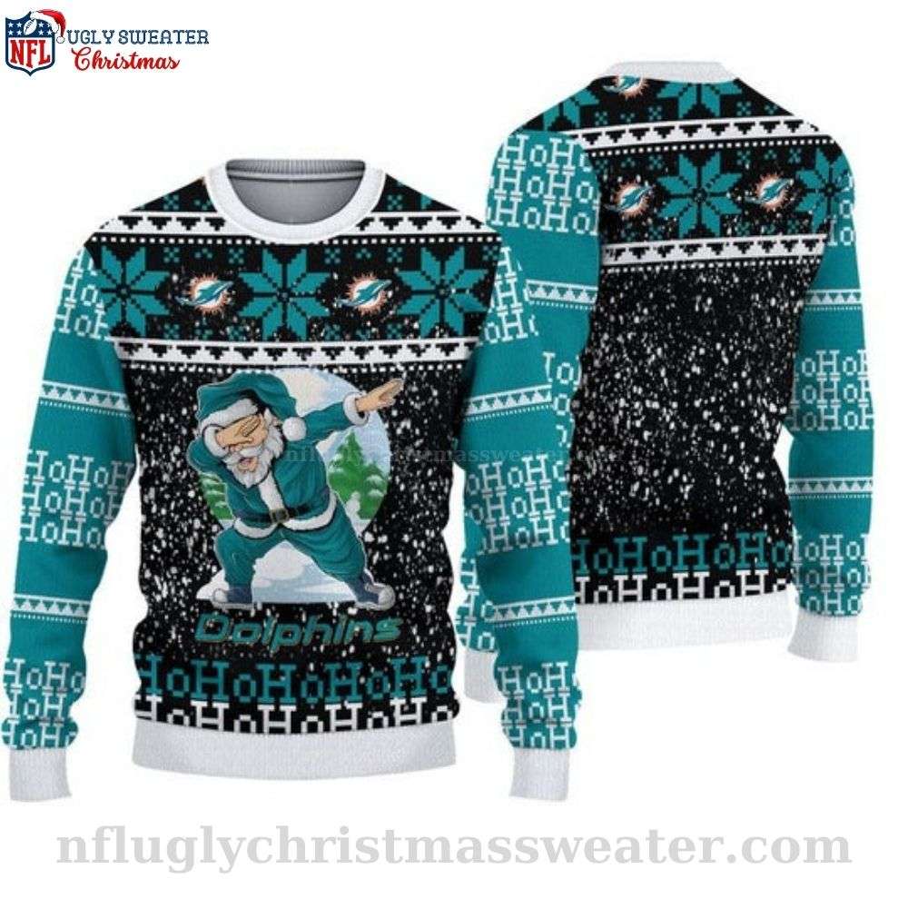 Miami Dolphins Gifts For Him - Fun Dabbing Santa Ugly Christmas Sweater
