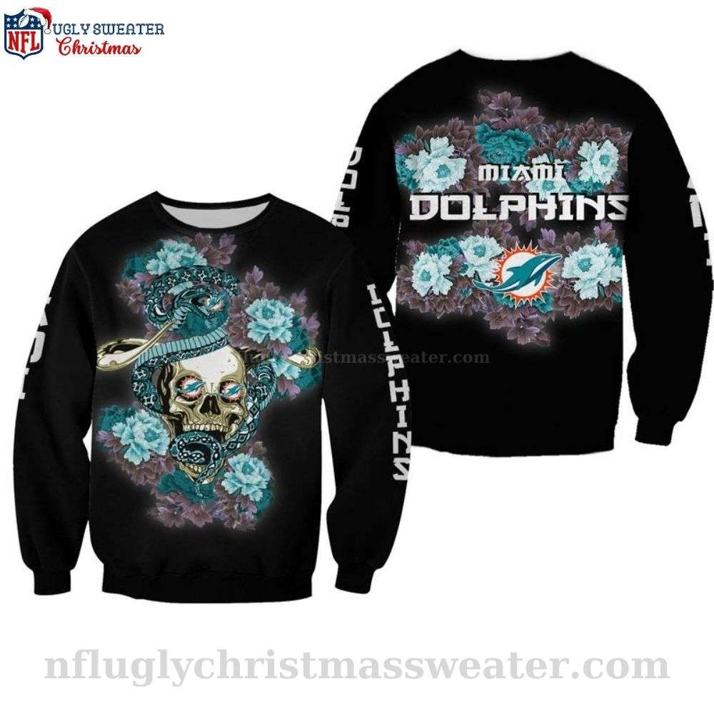 Miami Dolphins Snake Skull And Floral Ugly Christmas Sweater