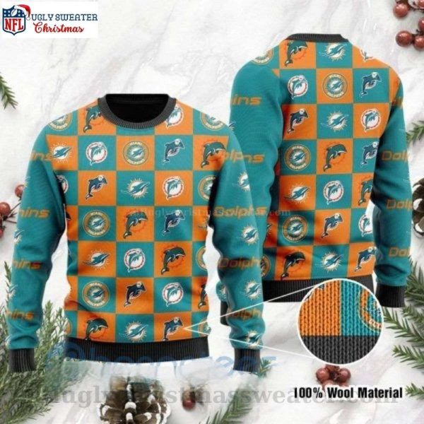 Miami Dolphins Ugly Christmas Sweater – Checkered Flannel Logo Design