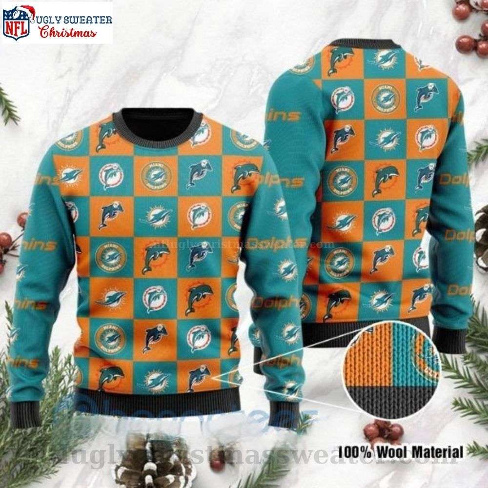 Miami Dolphins Ugly Christmas Sweater - Checkered Flannel Logo Design