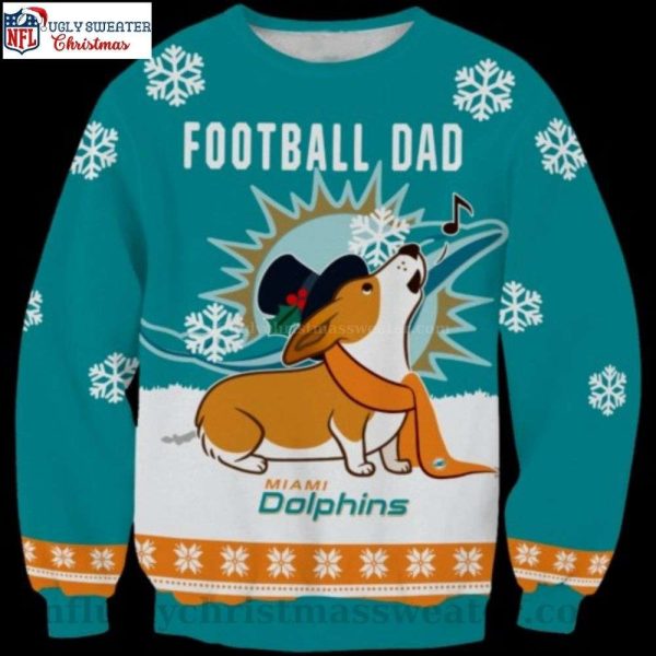 Miami Dolphins Ugly Christmas Sweater – Cute Corgi And Football Dad