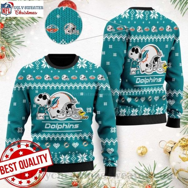 Miami Dolphins Ugly Christmas Sweater – Cute Snoopy Football Helmet Design