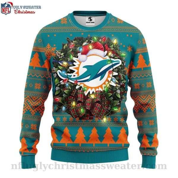 Miami Dolphins Ugly Christmas Sweater – Festive Logo With Christmas Hat Print
