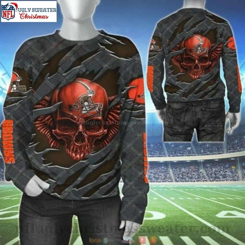 NFL Cleveland Browns Christmas Ugly Sweater - Orange Skull Graphic