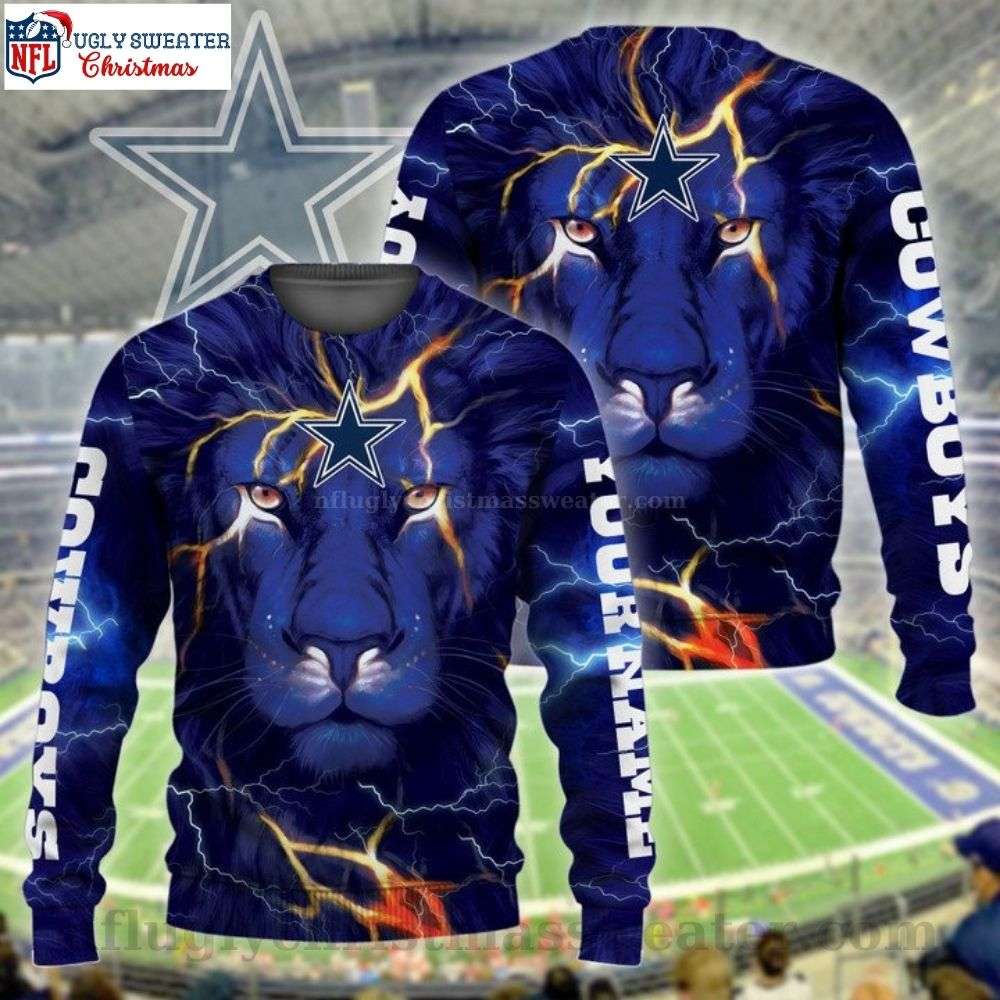 NFL Dallas Cowboys Blue Lion Face - Custom NameUgly Christmas Sweater