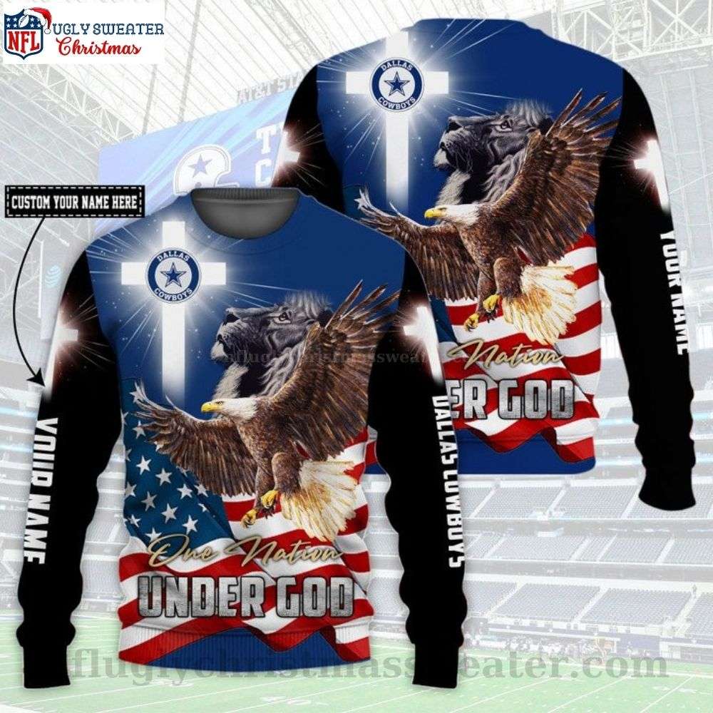 NFL Dallas Cowboys Lion Eagle One Nation Under God - Custom Name Ugly Christmas Sweater