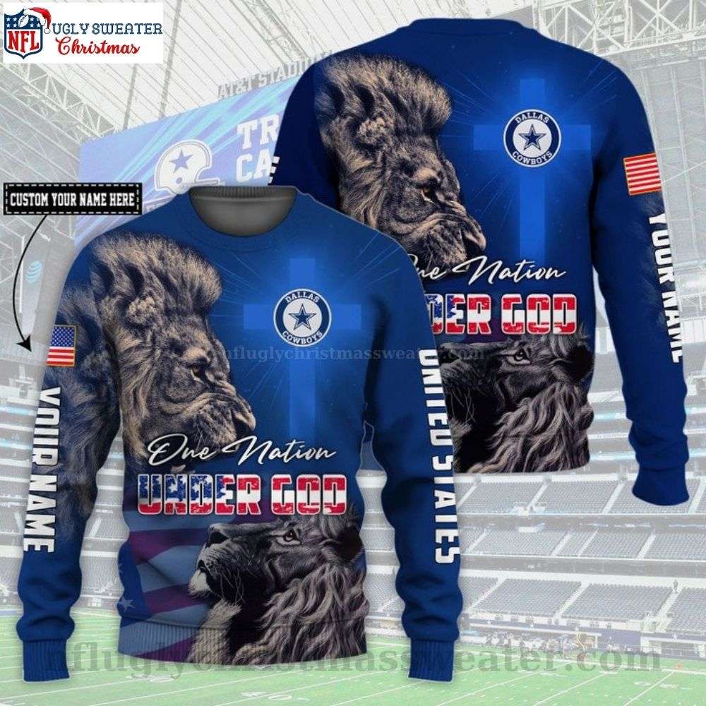 NFL Dallas Cowboys Lion One Nation Under God - Personalized Ugly Christmas Sweater