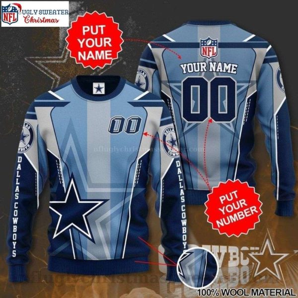 NFL Dallas Cowboys Logo Light Blue Grey Custom Name Ugly Christmas Sweater