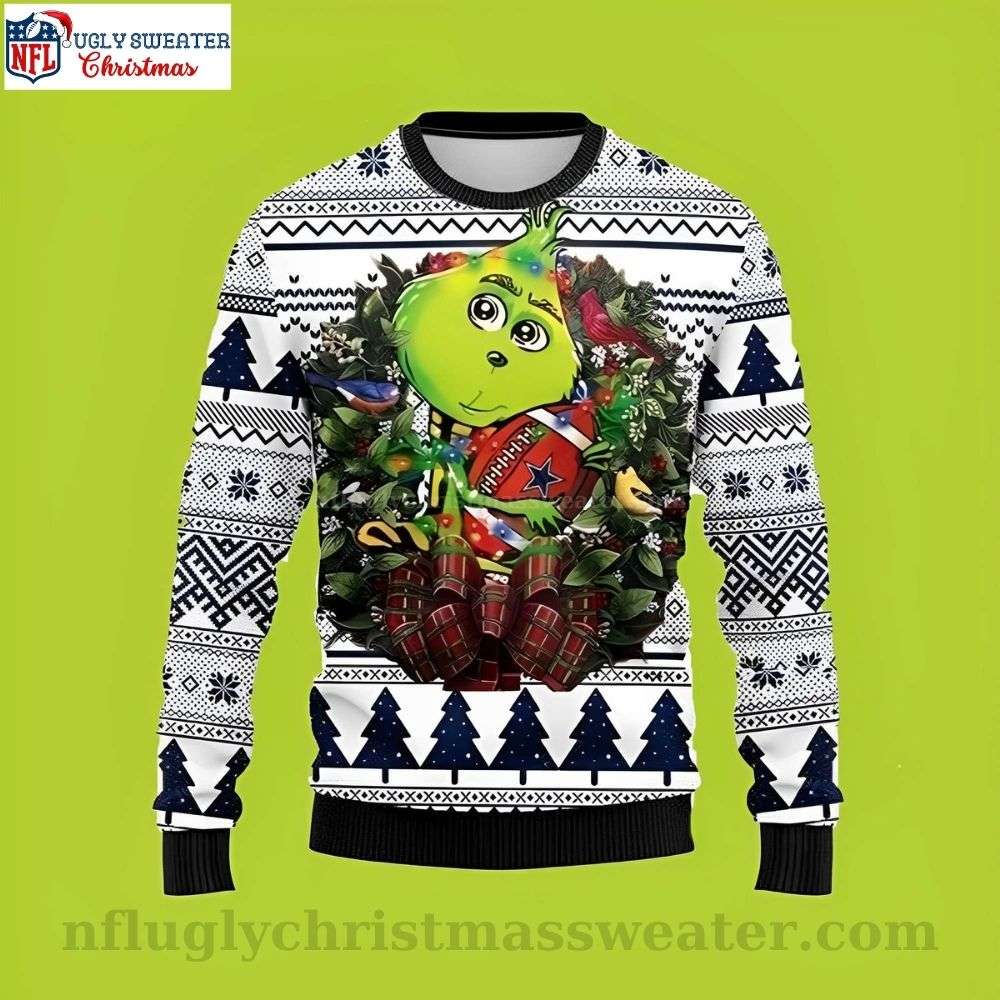 NFL Dallas Cowboys The Grinch Hug Rugby Ball All Over Print Ugly Christmas Sweater, Dallas Cowboys Gifts For Him